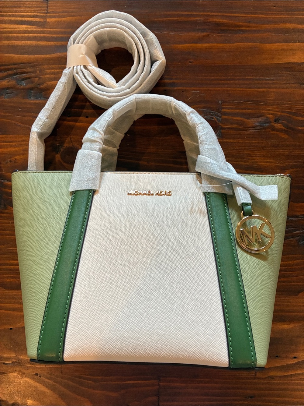 Michael Kors White and Green Saffiano Mini Satchel with Gold Logo Charm